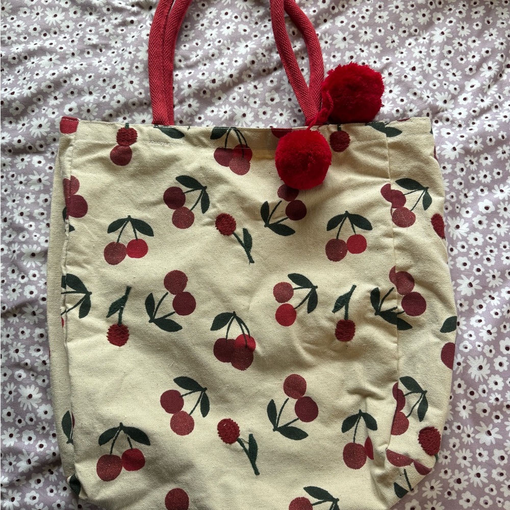 Cherry Print Tote Bag with Red Handles